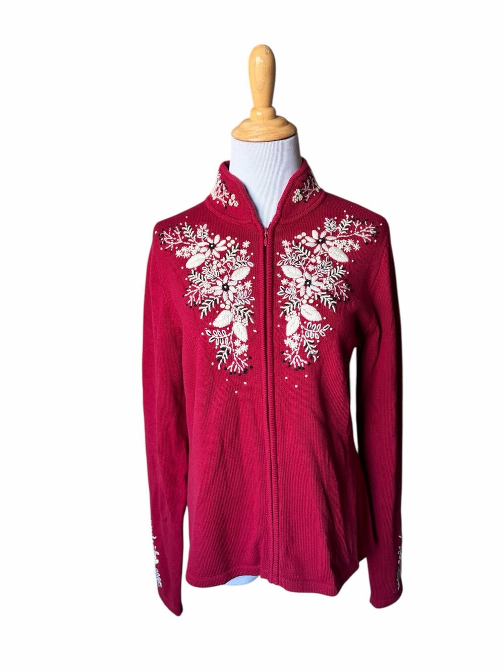 Women's Foxcroft Long Sleeve Full Zip Floral Embroidered Christmas Sweater- Sz M
